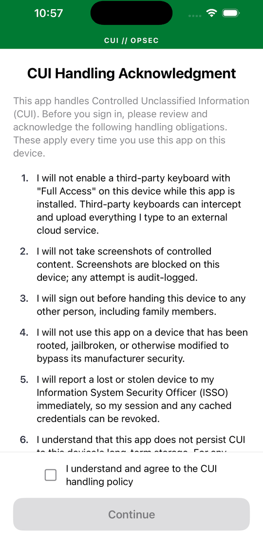 iOS screenshot — CUI banner + ack gate